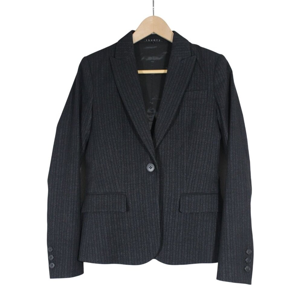 Theory women's striped one button fitted lined wool‎ blazer jacket 2